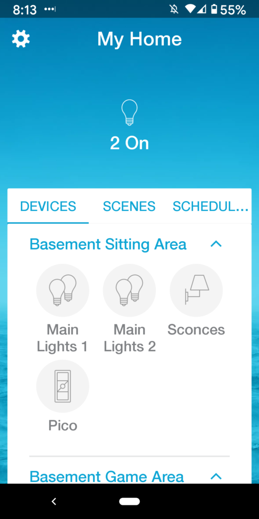 Lutron Caseta App Home Page